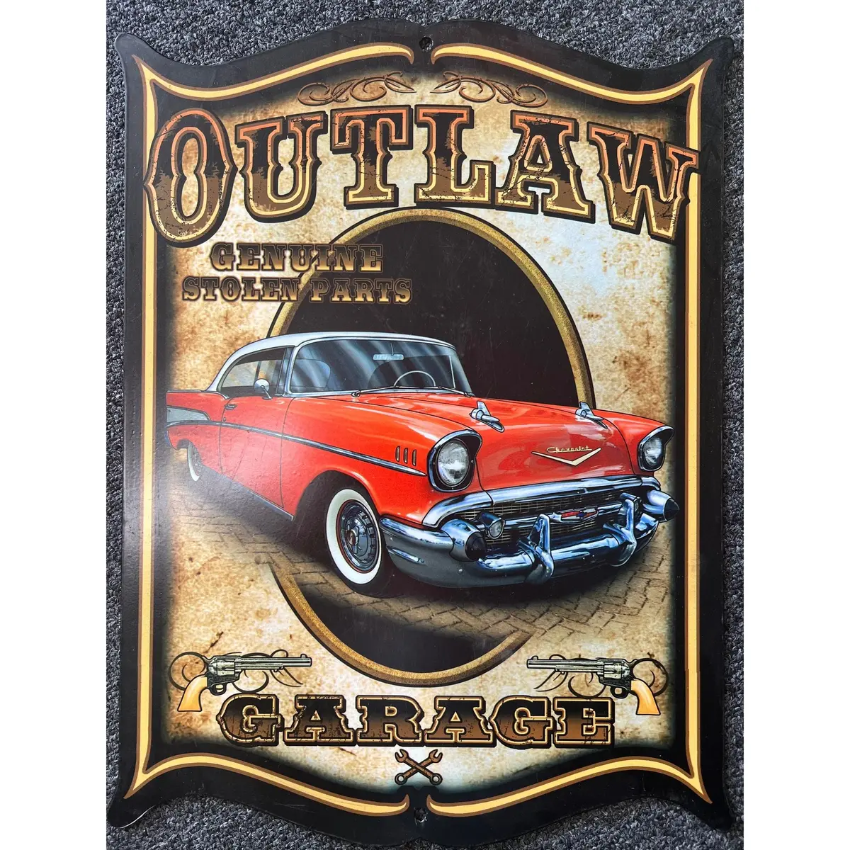 Retro Tin Sign Outlaw Garage 57 Chev 1