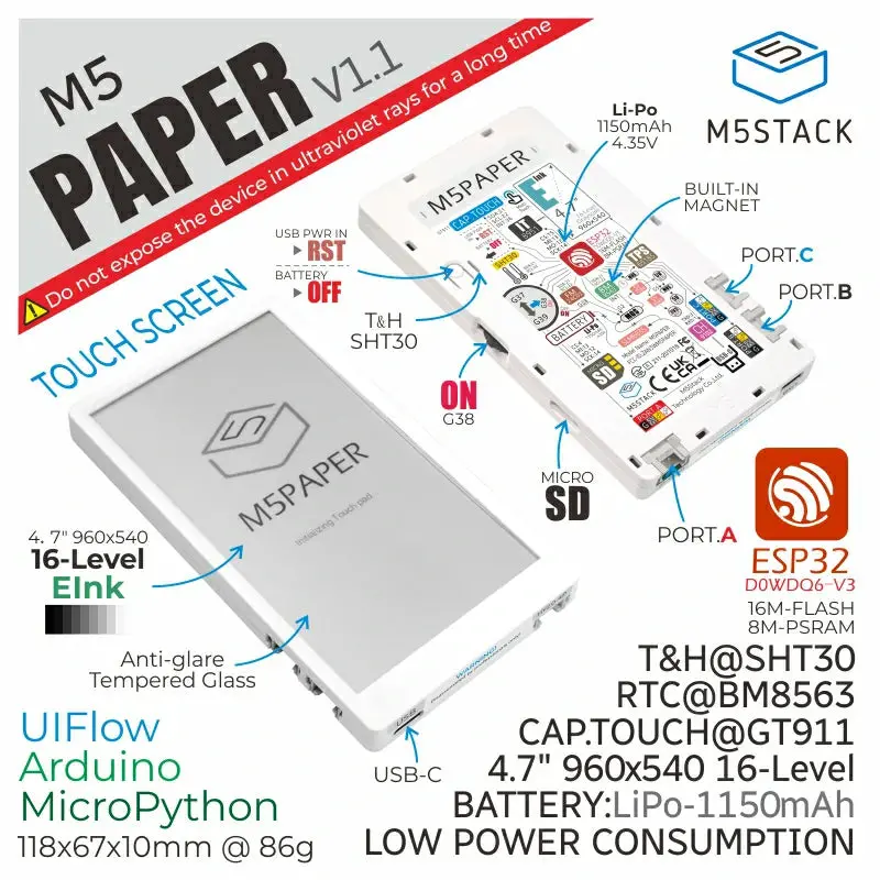 M5paper Esp32 Development Kit V1.1 (960X540, 4.7" Eink Display, 235 Ppi) 2