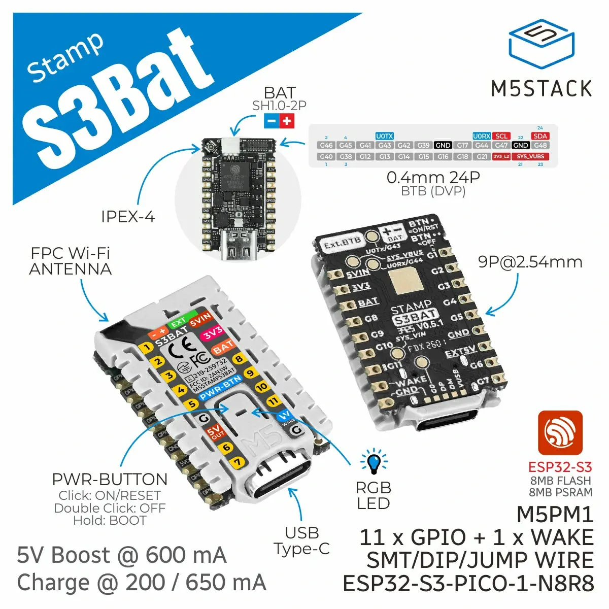 M5stamps3 Bat Module With Battery Connector 2