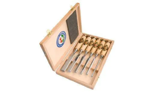 Two Cheries 6Pc. Bevel Edged Chisel Set In Wooden Box #500-1561 1