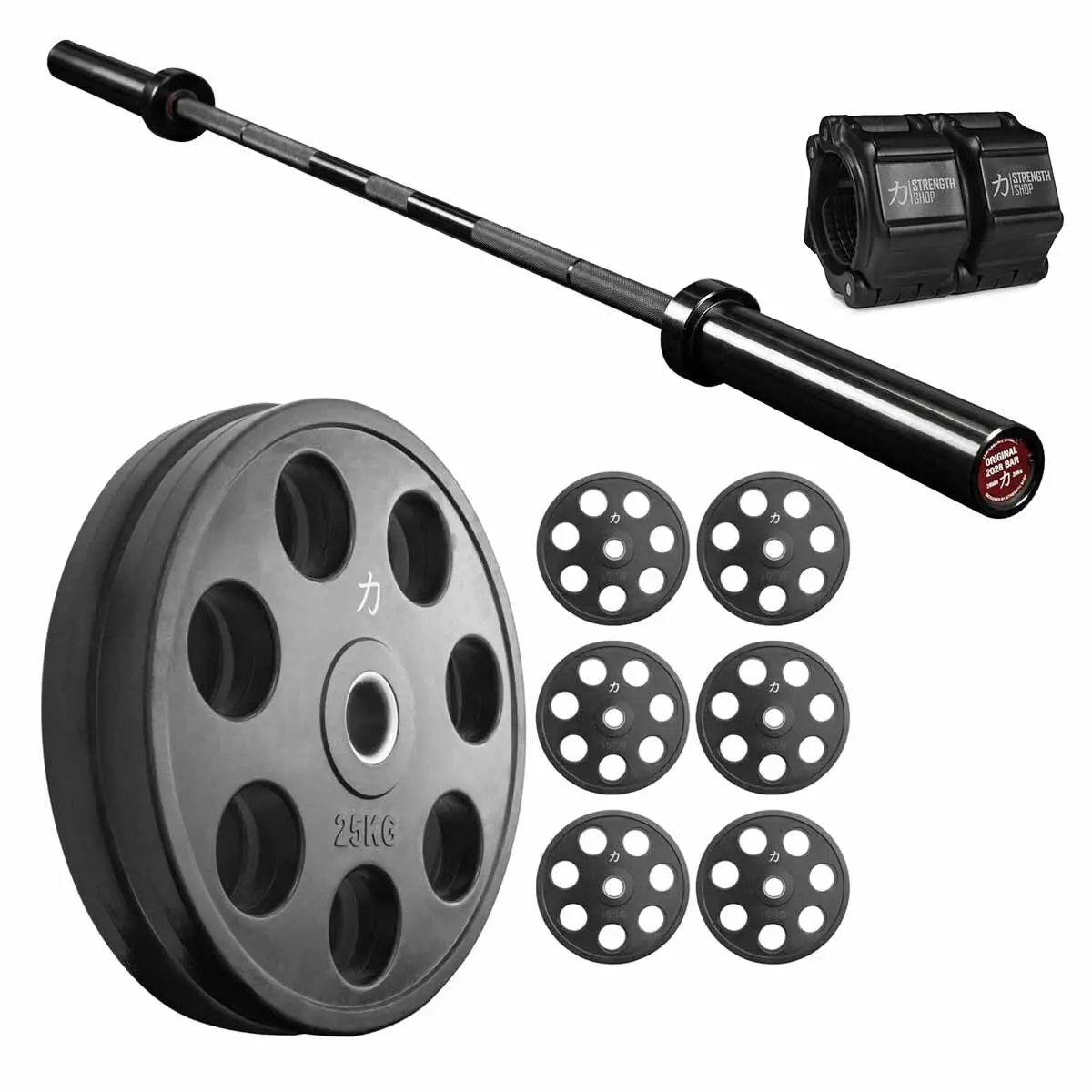 Practical Training Bundle | 150Kg Rubber Coated Easy Grip Plates Set & Olympic Bar 1