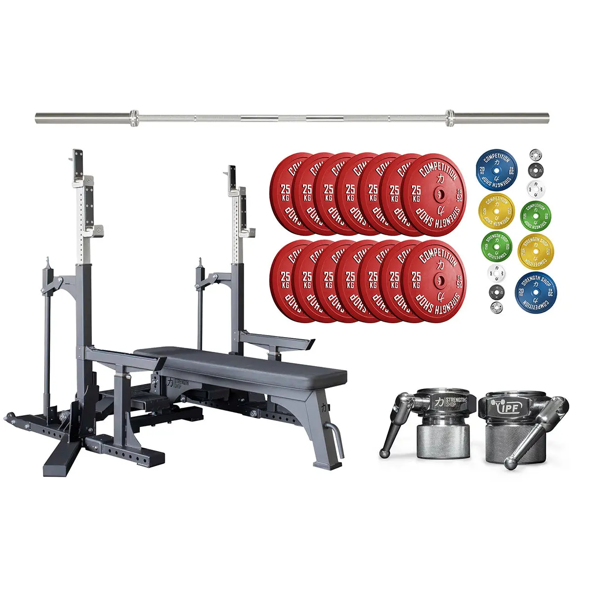 Competition Powerlifting Set: Pro Combo Rack + Calibrated Plates + Bastard Bar + Collars 1