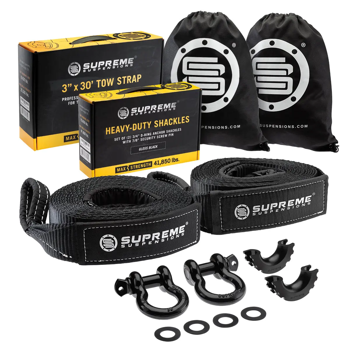 Supreme Suspensions® Recovery Tow Strap Kit + Heavy-Duty 3/4" D Ring Anchor Shackle W/ 7/8" Security Screw Pin - Gloss Black 1