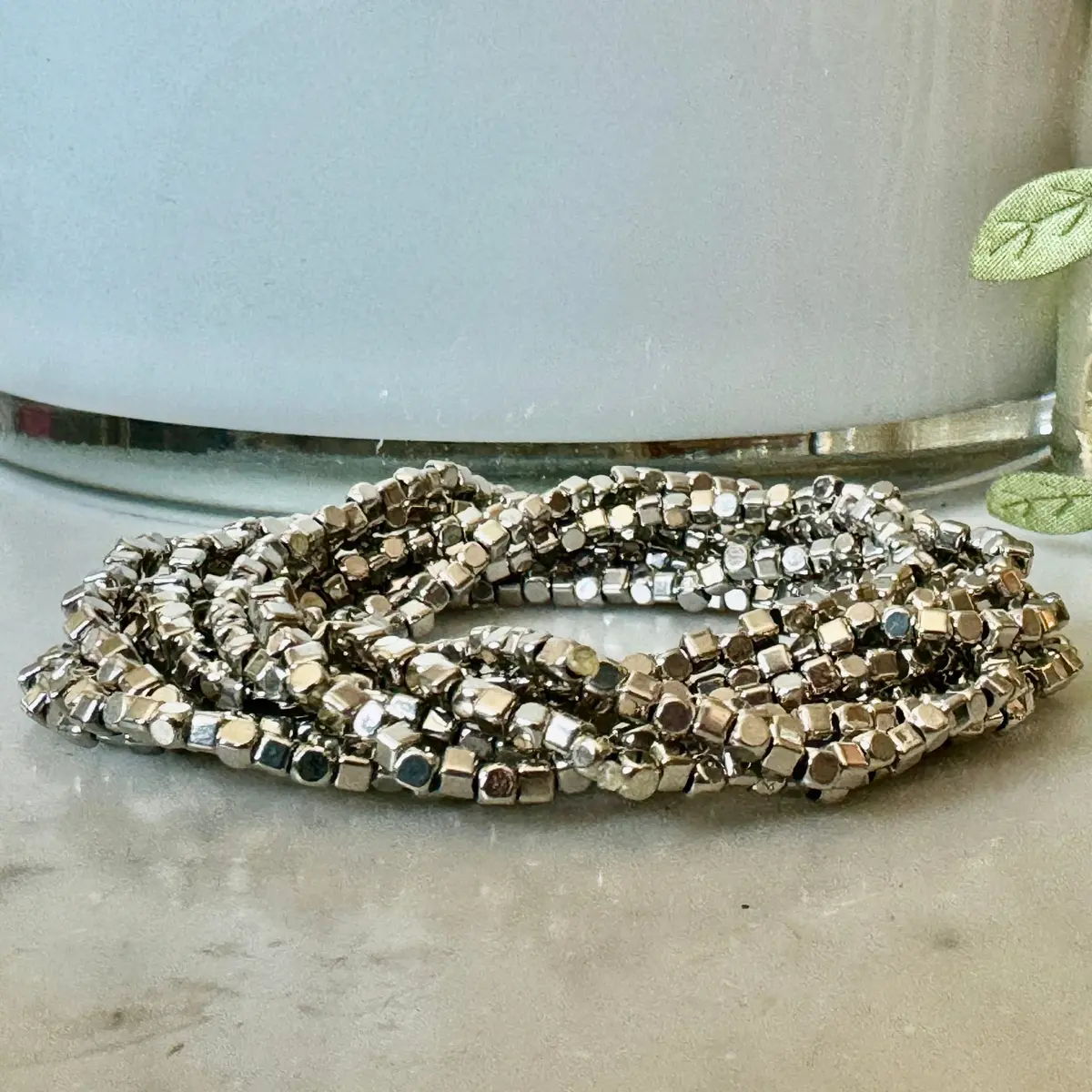 9 Pc Cut Bead Stretch Bracelet- Set Of 9 - Silver 1
