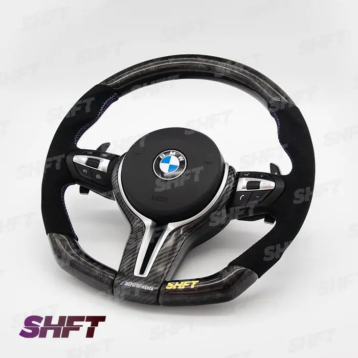 Shft Bmw F Series Flat Bottom Steering Wheel In Gloss Forged Carbon Fibre & Alcantara 1