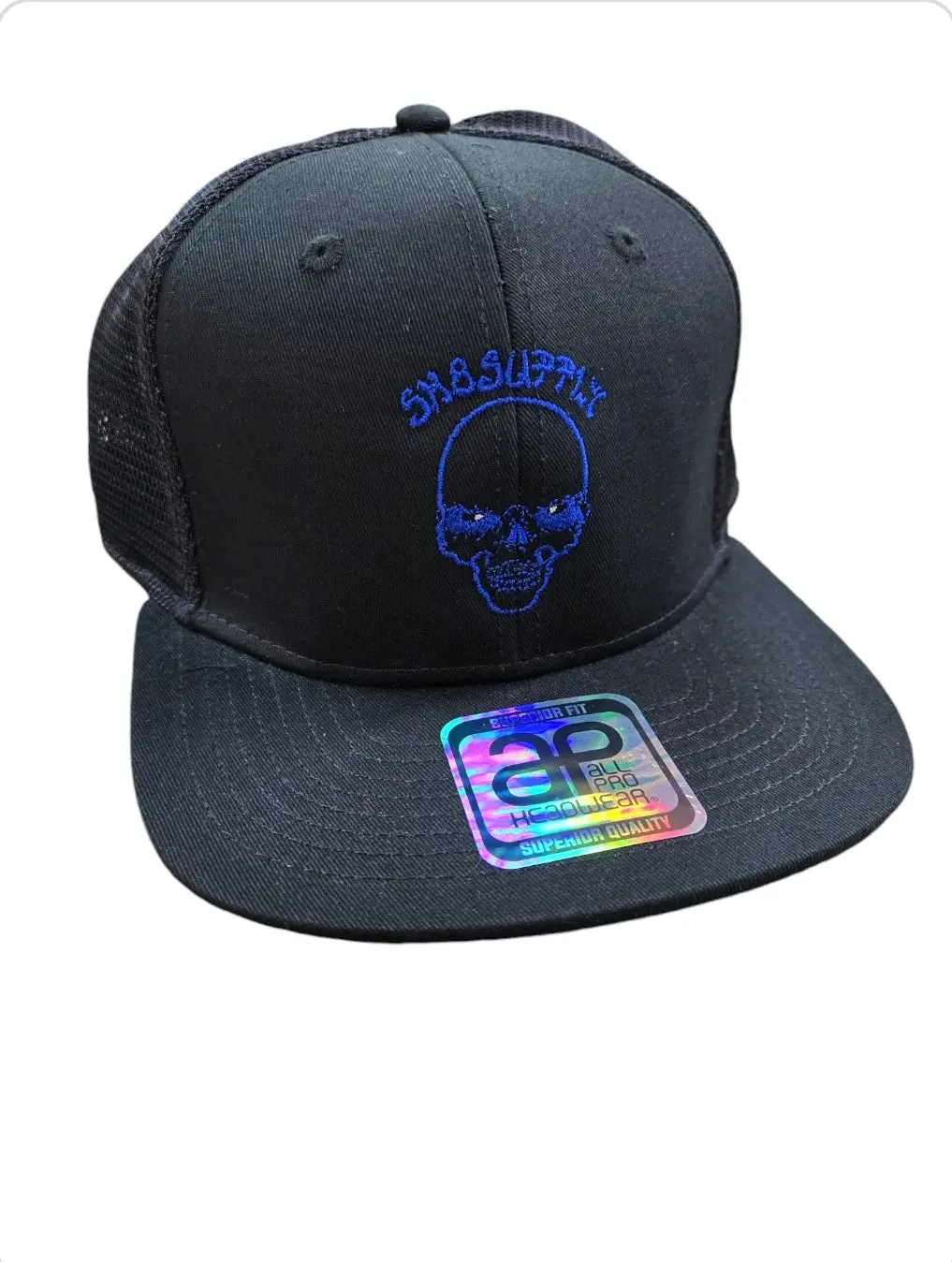 Sk8supply Wes Humpston Skull Logo Upgraded Trucker Snap Back Hat - Black Blue 1
