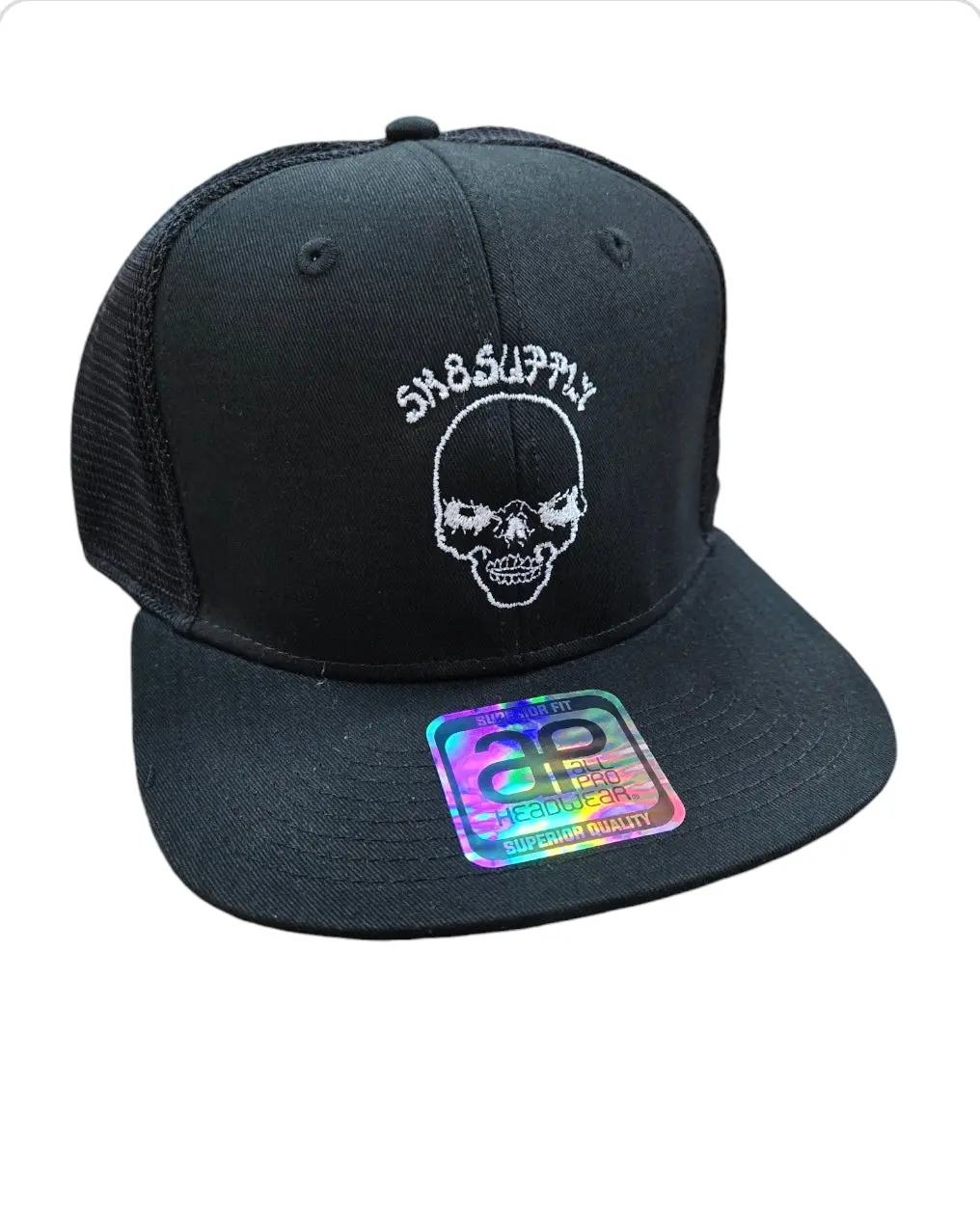 Sk8supply Wes Humpston Skull Logo Upgraded Trucker Snap Back Hat - Black White 1