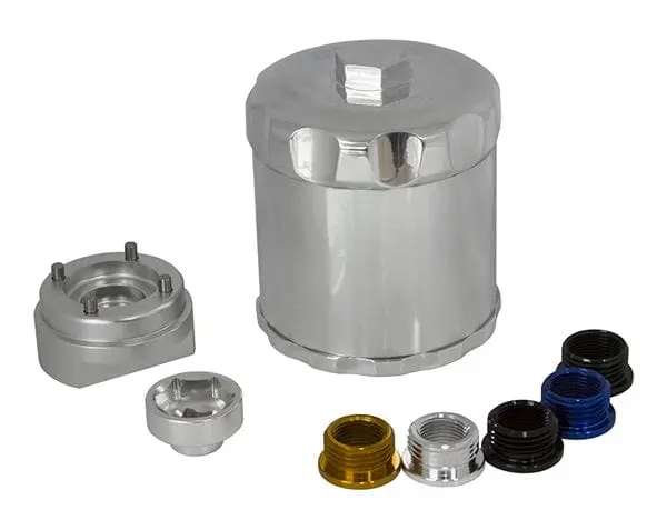 Spin-On Reusable Billet Oil Filter Housing – Polished Aluminum Design 1