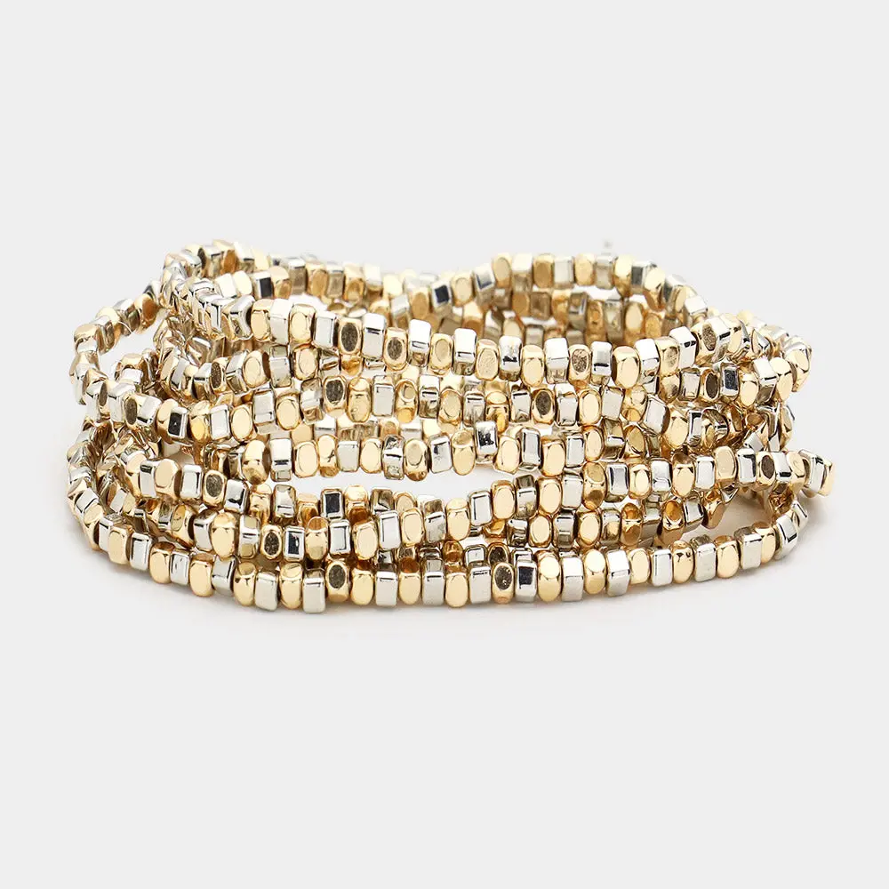 9 Pc Cut Bead Stretch Bracelet- Set Of 9 - Gold/Silver 1