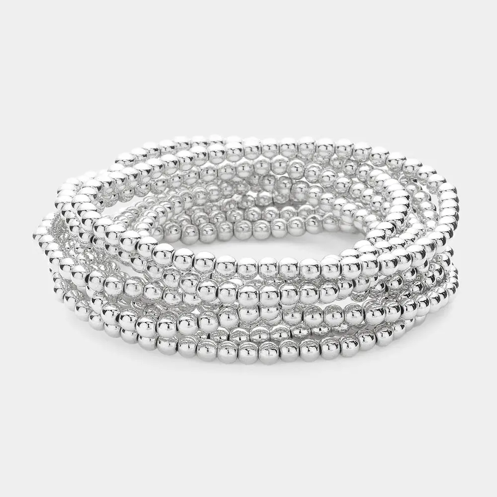 10 Pc Beaded Stetch Bracelet Set - Silver 1